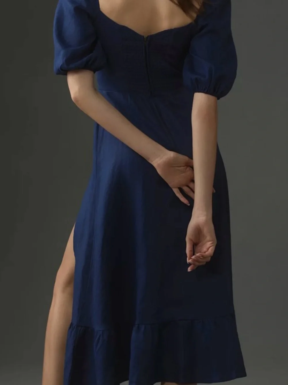Reformation Navy Linen Puff-Sleeve Maxi Dress